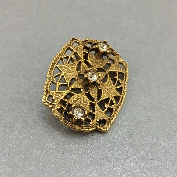 Vintage Antiqued Goldtone Metal Filigree Open Work Clear Rhinestone Brooch Pin - Picture 2 of 9